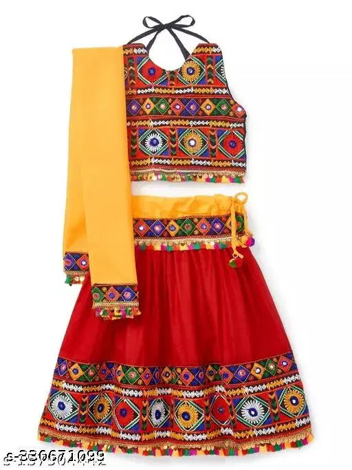 Red Kutchi Embroidered Girls Chaniya Choli with Yellow Dupatta, intricate multicolor design on cotton fabric for Navratri festive wear, India origin