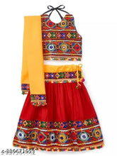 Red Kutchi Embroidered Girls Chaniya Choli with Yellow Dupatta, traditional Indian festive wear for young girls in various sizes and color options, intricate multi-color embroidery on cotton fabric