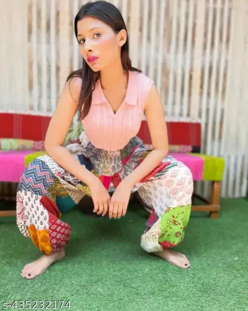 Colorful cotton patchwork harem pants, comfortable for yoga and walking, eco-friendly upcycled style