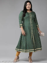 Green rayon ethnic motif round kurti with 3/4 sleeves and golden floral print, made by Yash Gallery, originated in India