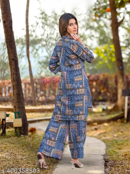 Indian hand-printed women's kurta and palazzo set, long sleeves, single net quantity, cool western wear fashion