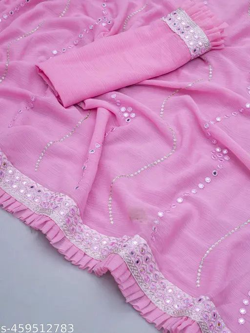 Georgette sequence embroidered lace sari with separate blouse piece - Indian partywear fashion statement