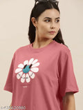 Oversized printed cotton blend women's t-shirt with long sleeves, vibrant design, XXS to XL sizes available