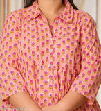 Pink cotton floral nightsuits pack of 2, stylish and comfortable women's sleepwear with shirt collar and three-quarter sleeves