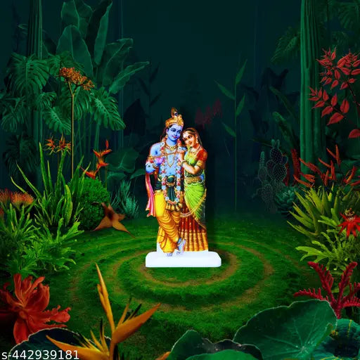 Medium size acrylic Radha Krishna showpiece for home decor or car dashboard. Vibrant detailing, stable base, non-slip design. Compact and lightweight, perfect for spiritual spaces or gifting