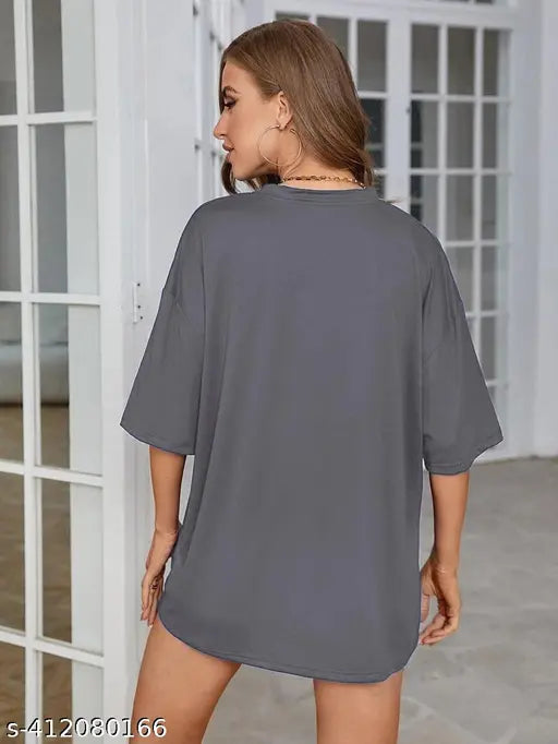 Trendy oversize loose fit long cotton blend t-shirt in three-quarter sleeves, printed net design. Women's casual wear from India