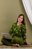 Green cotton night suit with three-quarter sleeves, printed pattern on cambric cotton, latest Indian sleepwear