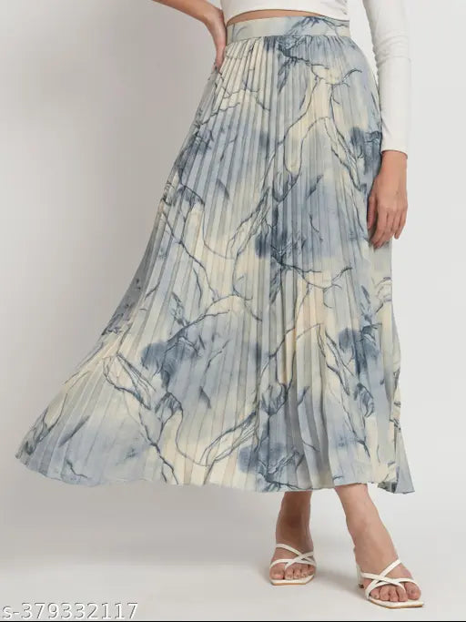 Printed polyester A-line long skirt with pleated design, elegant for various occasions, elastic waistband