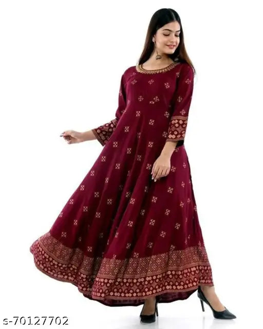 Rayon embroidered Anrkali Kurtis, three-quarter sleeves, mirror work for women, handcrafted Indian fashion