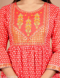 Red viscose rayon women's kurta with three-quarter sleeves, embroidered pattern on Indian origin