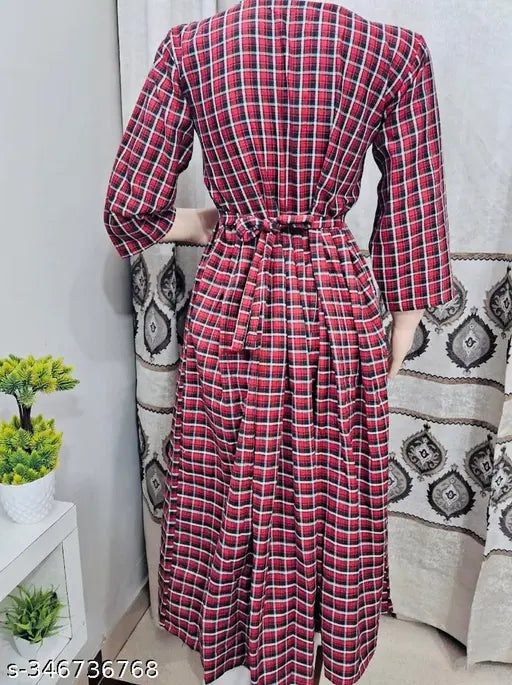 Maroon woolen check kurti for winter, full-length straight fit with three-quarter sleeves, versatile for casual or formal wear