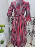 Maroon woolen check kurti for winter, full-length straight fit with three-quarter sleeves, versatile for casual or formal wear