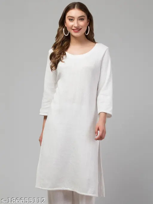 White embellished woolen kurti for women, three-quarter sleeves, embroidered pattern, straight fit, calf length, India origin