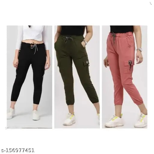 Stretchable Lycra cargo trousers and joggers combo pack of 3, solid-colored ankle-length for girls, adjustable drawstring waistband