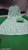 Green rayon kurta set with palazzos, printed net pattern, short sleeves. M (bust size: 40in), L (bust size: 38in), XL (bust size: 42in), XXL (bust size: 44in). Indian rayon fashion wear
