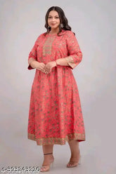 Rayon printed Anarkali kurti for women, three-quarter sleeves, Indian ethnic wear in M, L, XL, XXL sizes