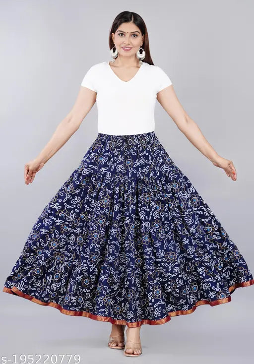 Blue printed rayon long skirt for women, beautiful and comfortable design with various sizes available