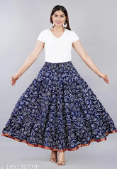 Blue printed rayon long skirt for women, beautiful and comfortable design with various sizes available