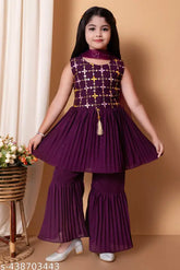 Chiffon Elthnick girls frocks and dresses, A-line palazzos with embellished sleeve design. White, versatile for parties or special occasions. Multiple size options available for a perfect fit. Indian-origin children's wear