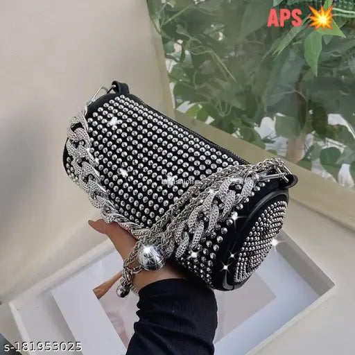 Black and silver embellished canvas satchel bag with rhinestones, European and American retro style. Features a bucket shape, zipper pocket, ID pocket, and chain handle. Three-dimensional bag from China