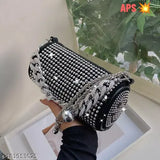 Black and silver embellished canvas satchel bag with rhinestones, European and American retro style. Features a bucket shape, zipper pocket, ID pocket, and chain handle. Three-dimensional bag from China