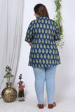 Blue printed cotton three-quarter sleeve top for plus size women, casual style