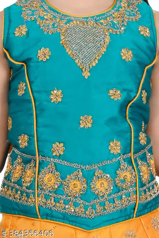 Kids girls satin lehenga chili with super net dupatta, embroidered and solid pattern, 3/4 sleeve, available in multiple sizes from 2-9 years, India origin