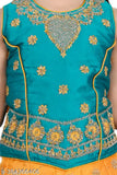Kids girls satin lehenga chili with super net dupatta, embroidered and solid pattern, 3/4 sleeve, available in multiple sizes from 2-9 years, India origin