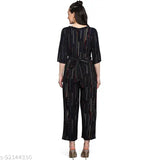 Woman in colorblocked rayon jumpsuit with foil print, short sleeves on a mannequin