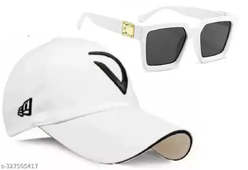 Black cotton baseball cap with Virat embroidery, black polarized sunglasses, and white LED watch for boys - sports accessory set from India