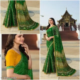 Moss chiffon Bandhni saree with separate dupion silk blouse piece, soft and easy to style, Indian-made