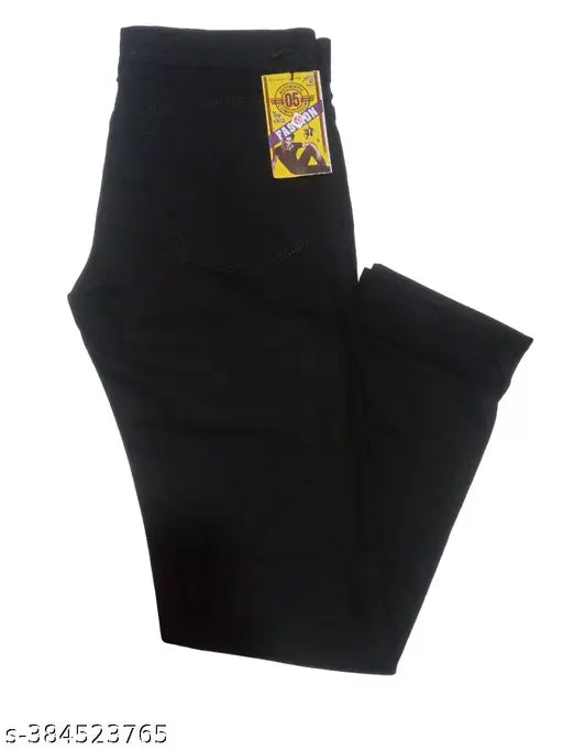 Solid black denim jeans for men, trendy fit in sizes 28, 30, 32, 34. Made in India