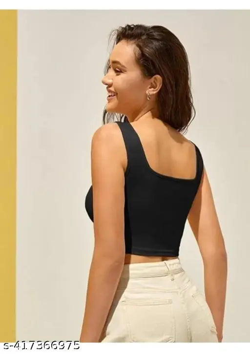 Black cotton blend crop top, sleeveless and solid pattern from AREEBA FASHION