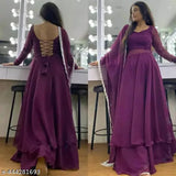 Georgette designer party gown with dupatta and fully stitched bottom, solid color, long sleeves - XL size from India