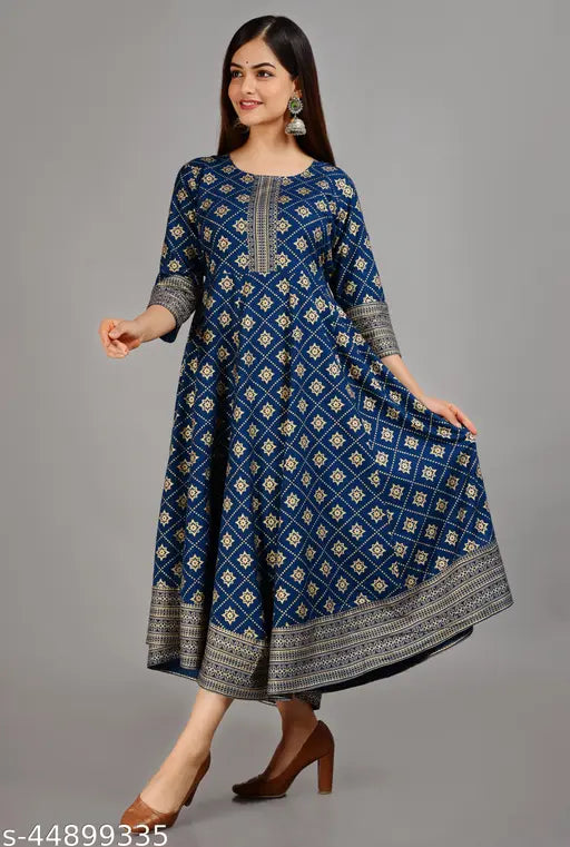 Rayon printed women's anarkali kurti with three-quarter sleeves, featuring intricate floral design. XXXL size (bust 10in, length 16in). Indian traditional wear