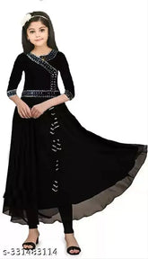 Black Georgette maxi dress with dupatta set, girls festive partywear featuring silver work and A-line silhouette for casual occasions. Ideal for Western wear, suitable for ages 6-16 years old, hand wash only, made in India
