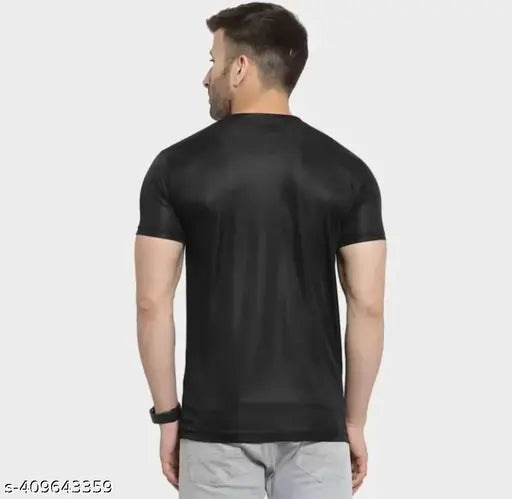 Black poly-cotton men's half sleeve round neck t-shirt, short sleeves, printed design. Made for daily wear, size M (18in chest, 27in length), L (19in chest, 28in length), XL (20in chest, 29in length). Timeless style and comfort in India-made Classic Comfort tshirt