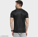 Black poly-cotton men's half sleeve round neck t-shirt, short sleeves, printed design. Made for daily wear, size M (18in chest, 27in length), L (19in chest, 28in length), XL (20in chest, 29in length). Timeless style and comfort in India-made Classic Comfort tshirt