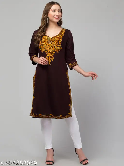 Woolen winter kurti, embroidered round neck, rainbow yarn, women's ethnic wear
