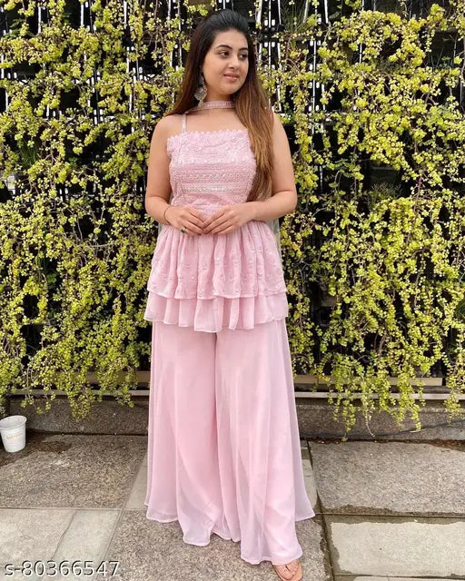 Baby pink palazzo pant set with chikan and ABLA tiered Peplum top, embroidered net, georgette fabric, sleeveless, India origin