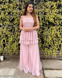 Baby pink palazzo pant set with chikan and ABLA tiered Peplum top, embroidered net, georgette fabric, sleeveless, India origin