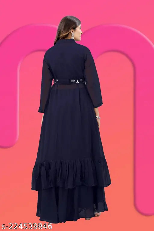 Stylish Georgette top & bottom set with heavy Malai Crepe inner, sleeveless, Indian-made fashion outfit for women