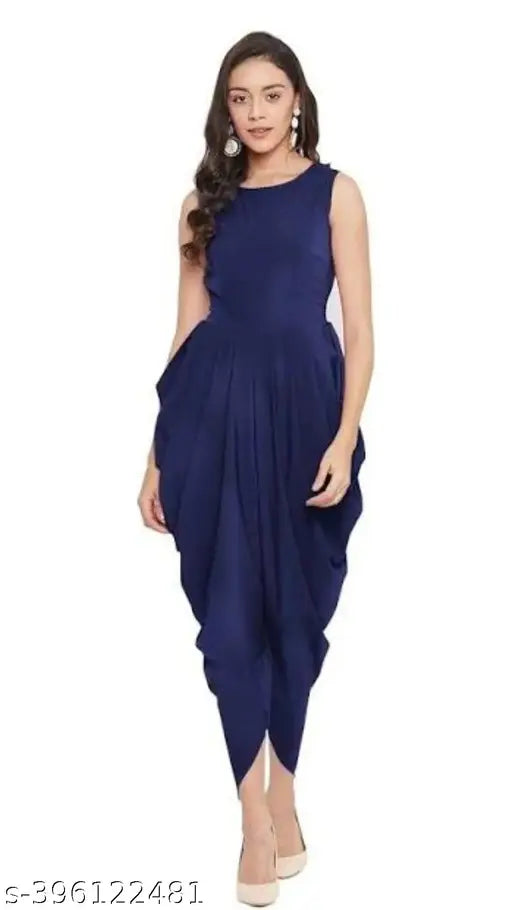 Yellow crepe designer jumpsuit with long sleeves and high waist, perfect for casual or fancy wear in summer. Made from premium quality fabric, featuring round neck, elastic waist with drawstrings, and double-layered hem
