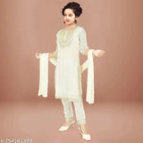 Off-white Chanderi embroidered Salwar Suit set for girls, featuring a striped top with three-quarter sleeves and matching churidar bottoms. Set includes dupatta, suitable for ages 4-16 years old. Indian origin