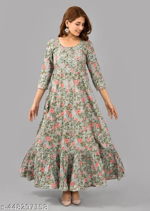 Rayon embroidered festive anarkali kurta with deep neck, printed combo for women's latest design, three-quarter sleeves