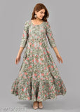 Rayon embroidered festive anarkali kurta with deep neck, printed combo for women's latest design, three-quarter sleeves