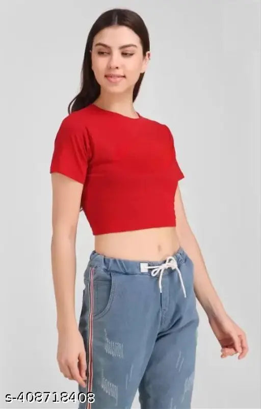 Red cotton blend crop top with printed net pattern, short sleeves for women