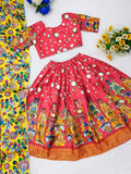 Satin kids lehenga choli for haldi and parties, ethnic motif print, long sleeve, 5-6 years size, India origin