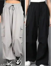 Solid polyester cargo pant by Aasha Textiles, fashionable design for men or women. Available in sizes S-XL (26in-32in waist, 36in length, 36in hip). Made in India