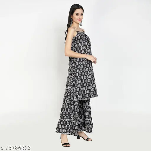 Cotton-printed Gianna Kurta Sharara Set-Black, sleeveless Indian outfit with sharara bottoms, single size, made in India